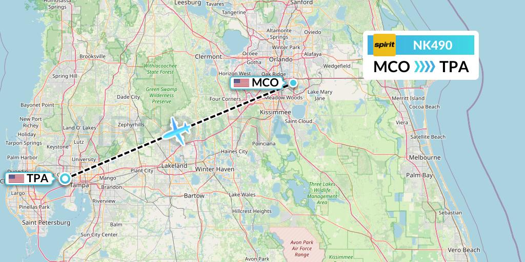 NK490 Spirit Airlines Flight Map: Orlando to Tampa