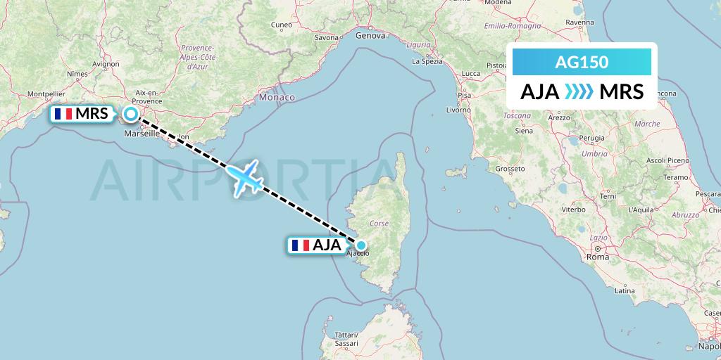 AG150 Aruba Airlines Flight Map: Ajaccio to Marseille