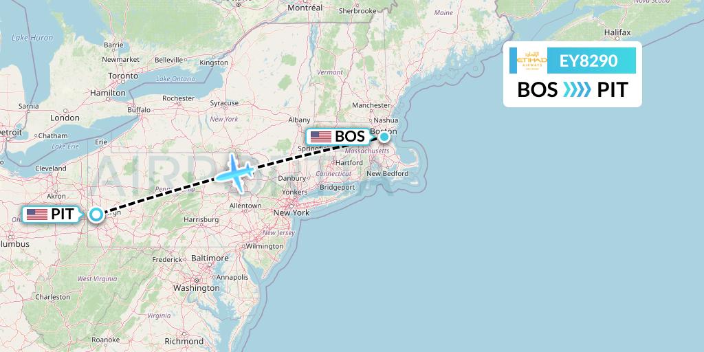EY8290 Etihad Airways Flight Map: Boston to Pittsburgh