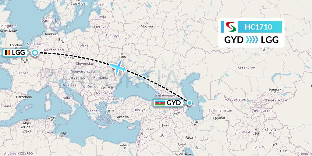 HC1710 Air Senegal Flight Map: Baku to Liege