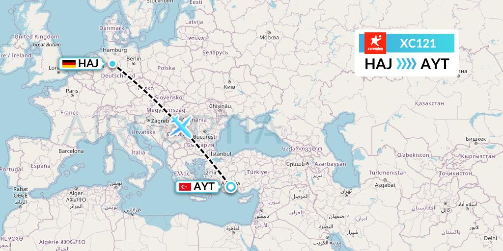 XC121 Corendon Airlines Flight Map: Hannover to Antalya
