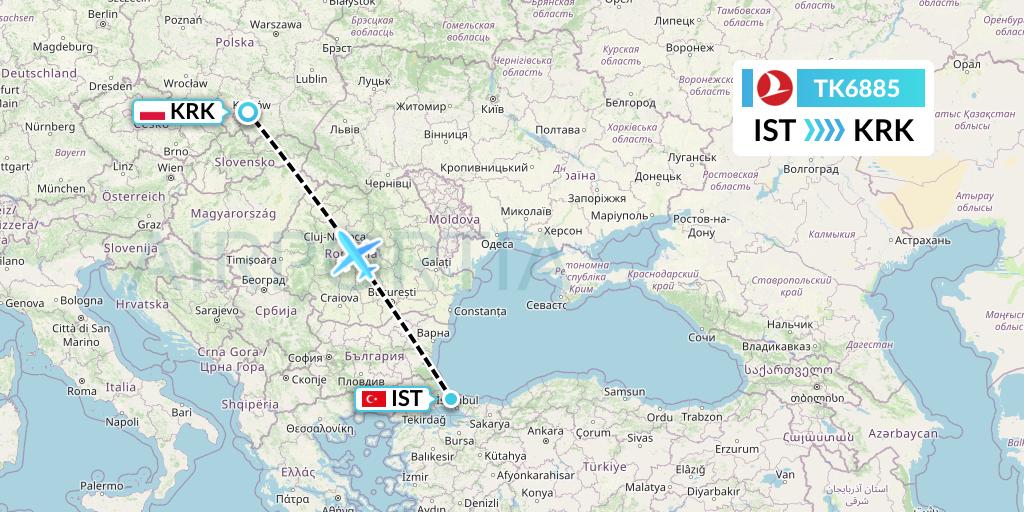 TK6885 Turkish Airlines Flight Map: Istanbul to Krakow