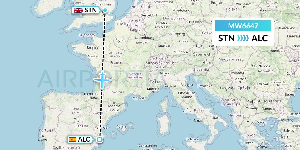 MW6647 Mokulele Flight Service Flight Map: London to Alicante