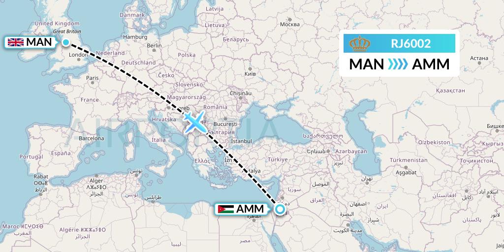 RJ6002 Royal Jordanian Flight Map: Manchester to Amman