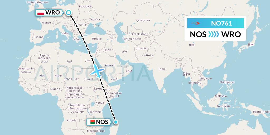 NO761 Neos Flight Map: Nosy Be to Wroclaw