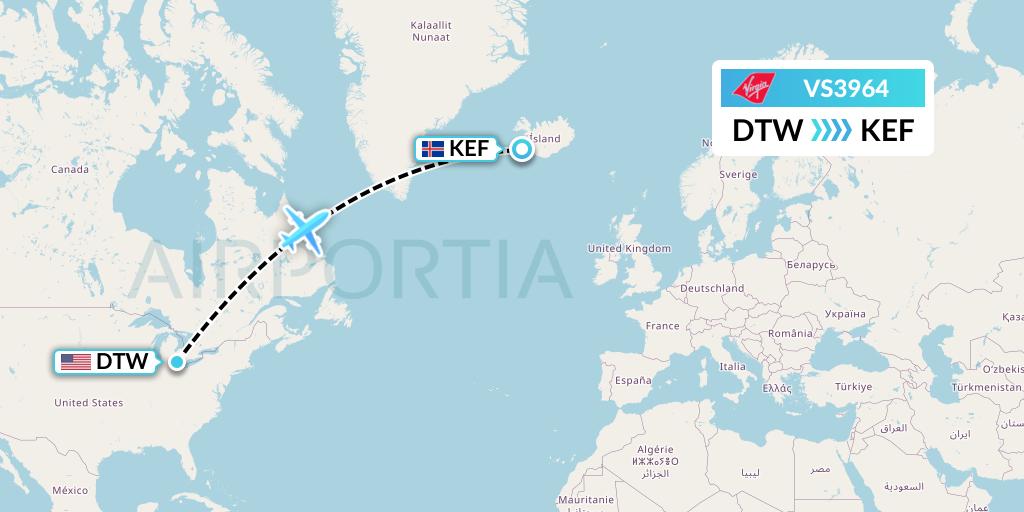 VS3964 Virgin Atlantic Airways Flight Map: Detroit to Reykjavik