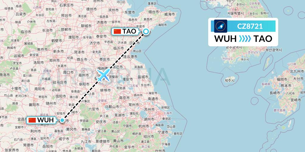 CZ8721 China Southern Airlines Flight Map: Wuhan to Qingdao