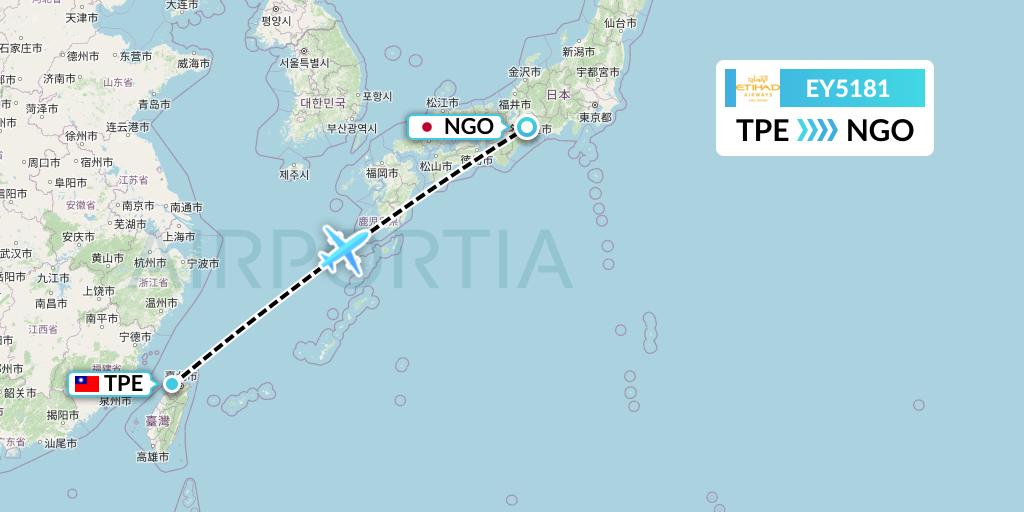 EY5181 Etihad Airways Flight Map: Taipei to Nagoya