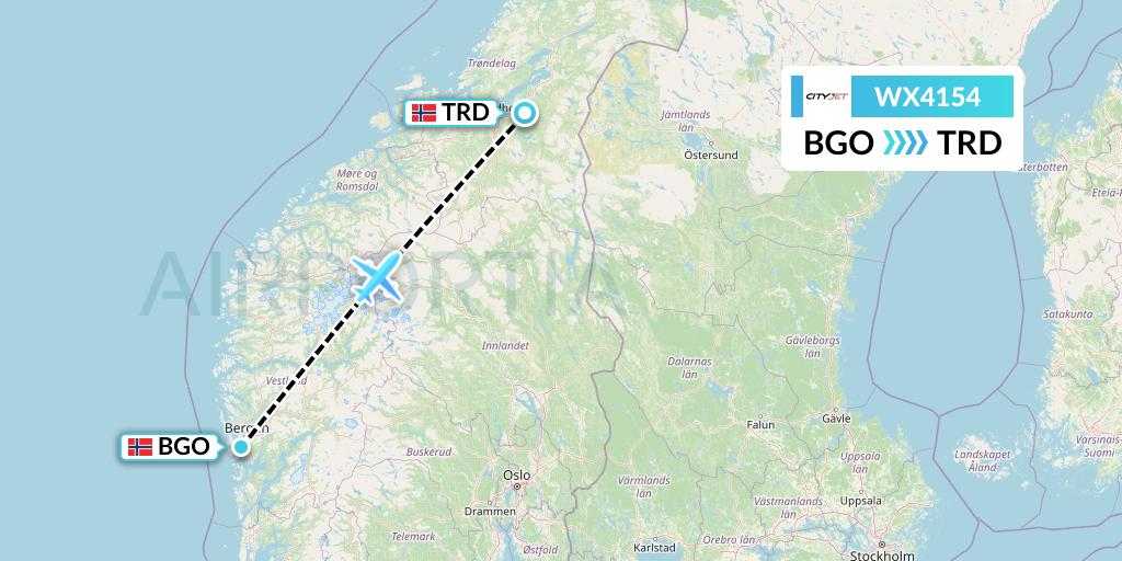 WX4154 Cityjet Flight Map: Bergen to Trondheim