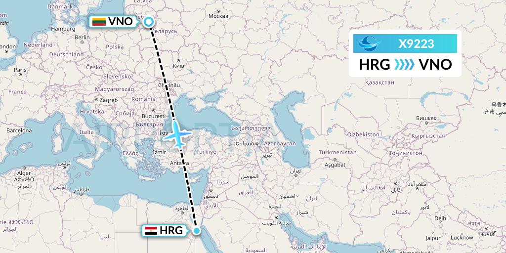 X9223 Avion Express Flight Map: Hurghada to Vilnius