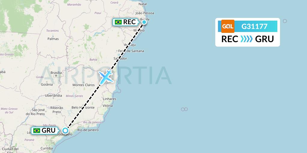 G31177 GOL Transportes Aeros Flight Map: Recife to Sao Paulo
