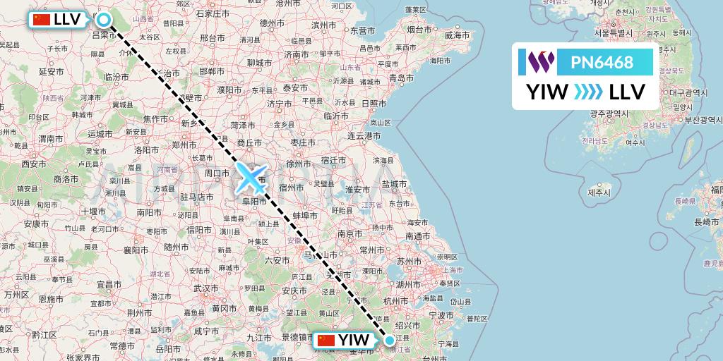 PN6468 China West Air Flight Map: Yiwu to Kunming
