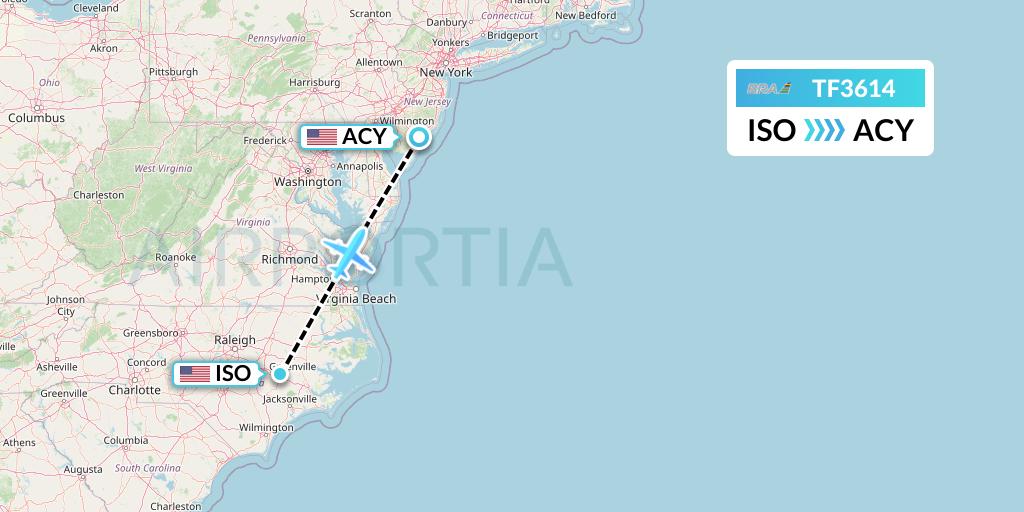 TF3614 Malmo Aviation Flight Map: Kinston to Atlantic City