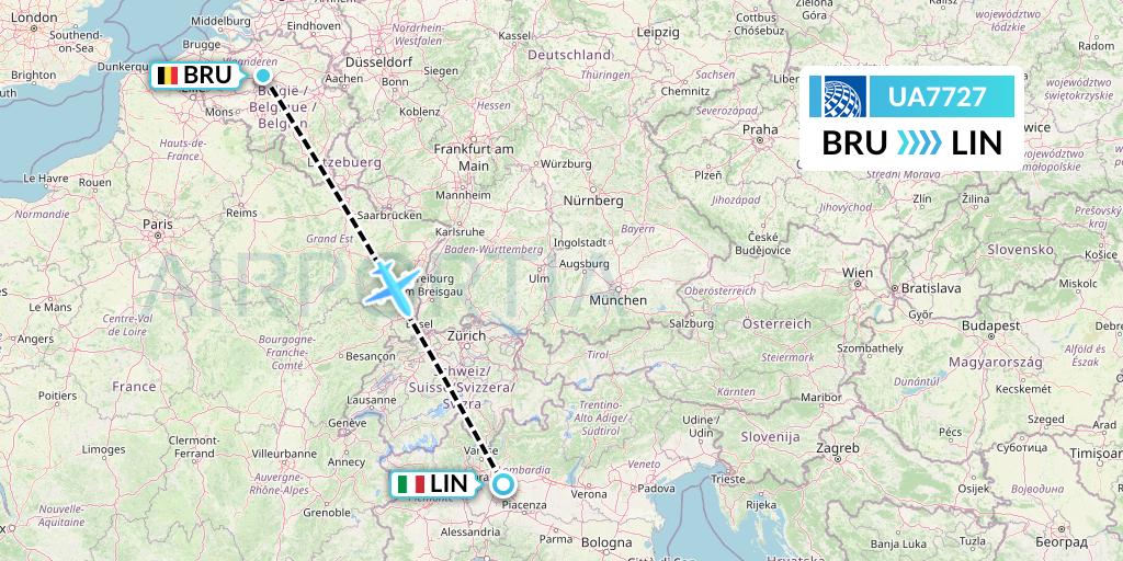 UA7727 United Airlines Flight Map: Brussels to Milan