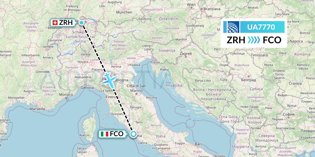 UA7770 United Airlines Flight Map: Zurich to Rome