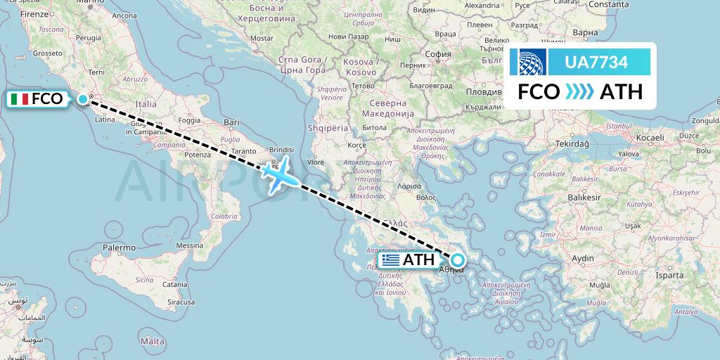 UA7734 United Airlines Flight Map: Rome to Athens