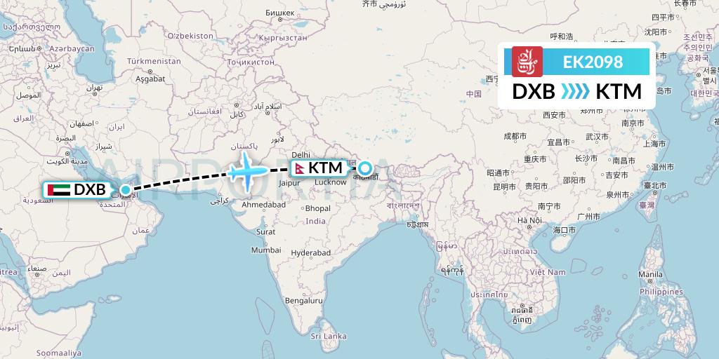 EK2098 Emirates Flight Map: Dubai to Kathmandu