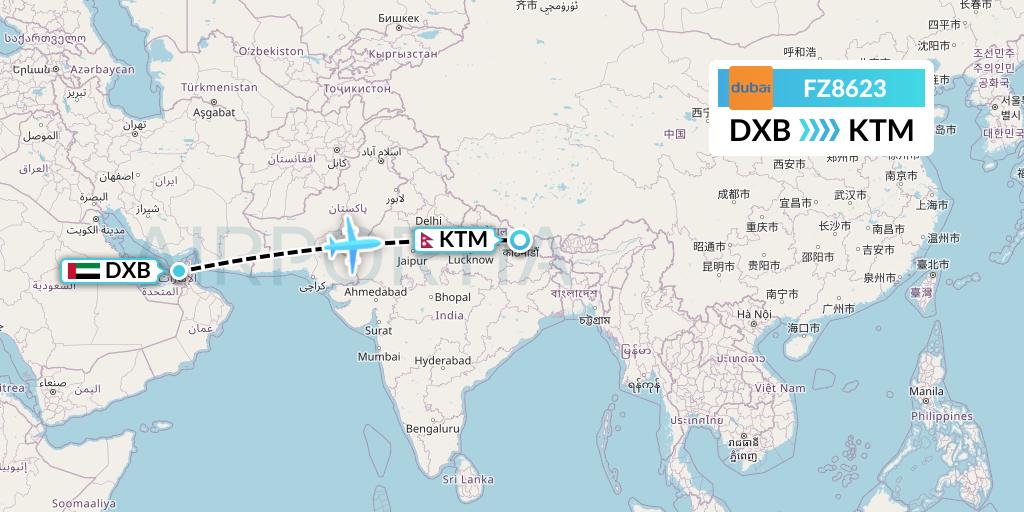 FZ8623 FlyDubai Flight Map: Dubai to Kathmandu