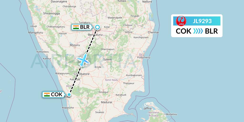 JL9293 Japan Airlines Flight Map: Cochin to Bangalore