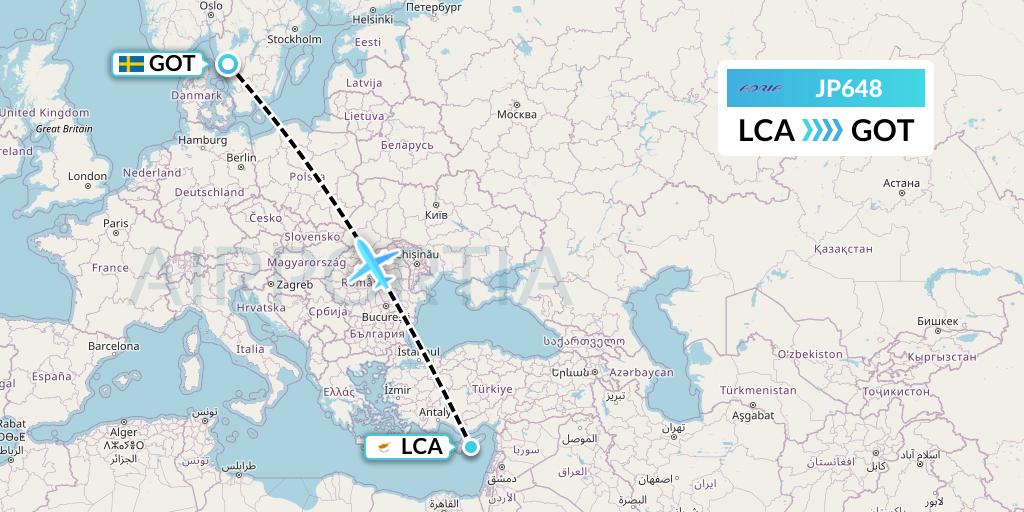 JP648 Adria Airways Flight Map: Larnaca to Gothenburg