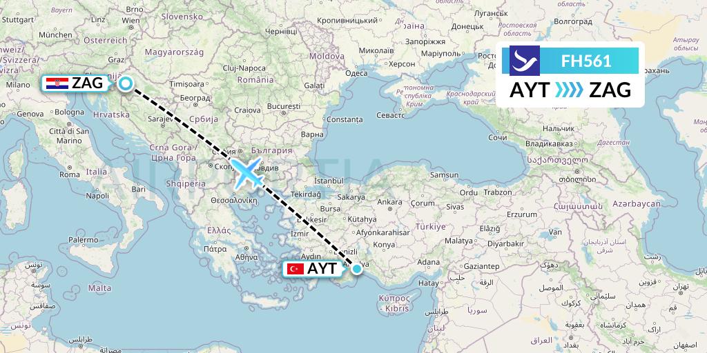 FH561 Freebird Airlines Flight Map: Antalya to Zagreb