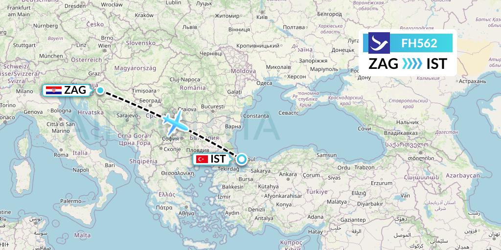FH562 Freebird Airlines Flight Map: Zagreb to Istanbul