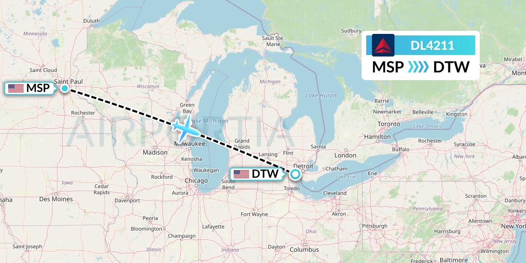 DL4211 Delta Air Lines Flight Map: Minneapolis to Detroit