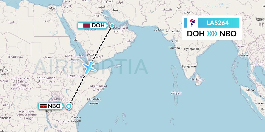 LA5264 LAN Airlines Flight Map: Doha to Nairobi