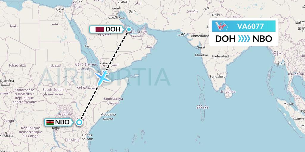 VA6077 Virgin Australia Flight Map: Doha to Nairobi