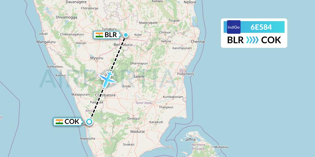 6E584 IndiGo Airlines Flight Map: Bangalore to Cochin