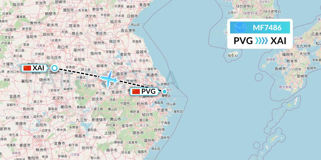 MF7486 Xiamen Airlines Flight Map: Shanghai to Xinyuan