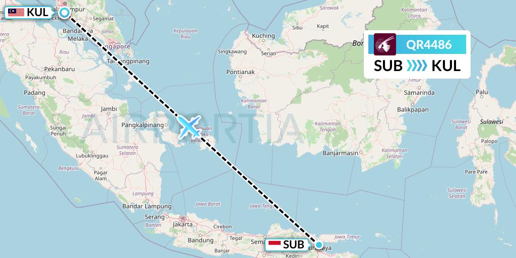 QR4486 Qatar Airways Flight Map: Surabaya to Kuala Lumpur