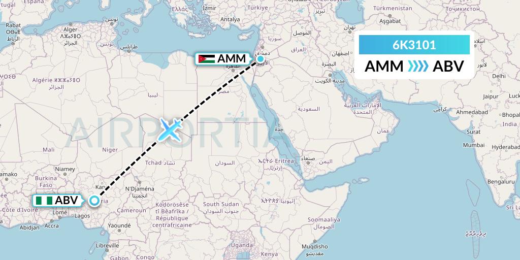 6K3101 Songbird Airways Flight Map: Amman to Abuja