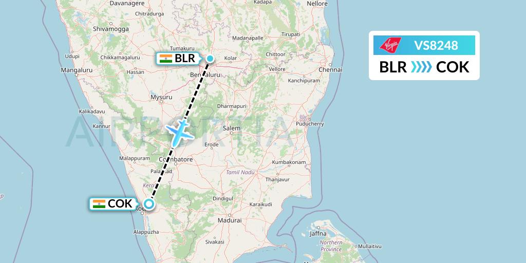 VS8248 Virgin Atlantic Airways Flight Map: Bangalore to Cochin