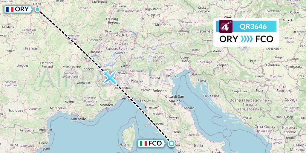 QR3646 Qatar Airways Flight Map: Paris to Rome