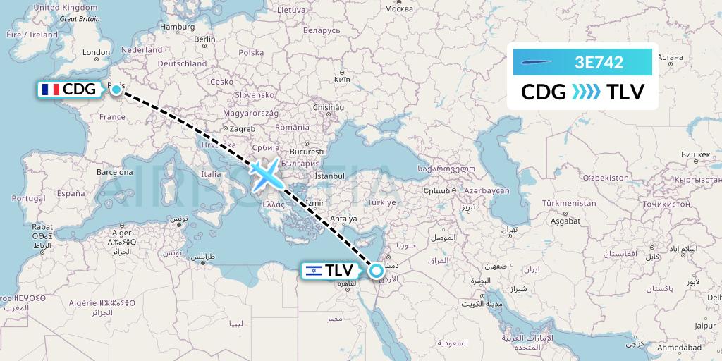 3E742 Air Choice One Flight Map: Paris to Tel Aviv