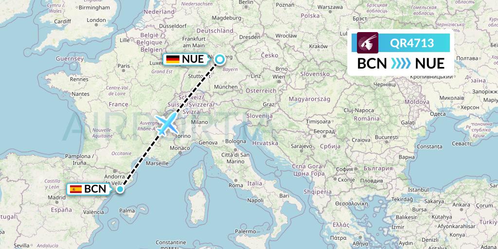 QR4713 Qatar Airways Flight Map: Barcelona to Nurnberg