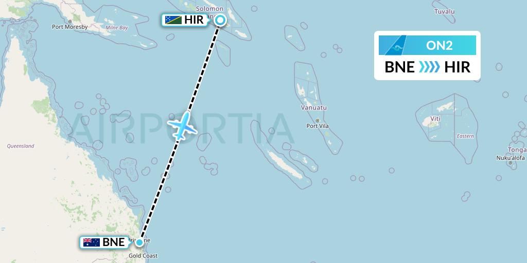 ON2 Nauru Airlines Flight Map: Brisbane to Honiara