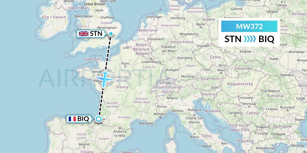 MW372 Mokulele Flight Service Flight Map: London to Biarritz