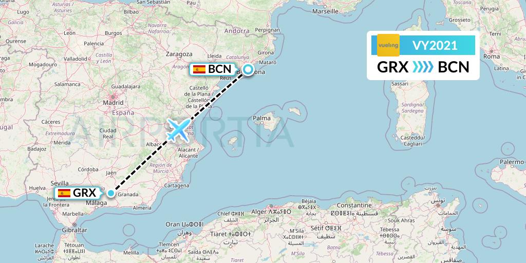 VY2021 Vueling Flight Map: Granada to Barcelona