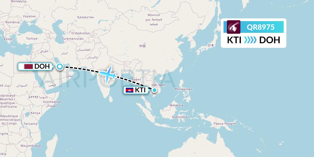 QR8975 Qatar Airways Flight Map: Kratie to Doha