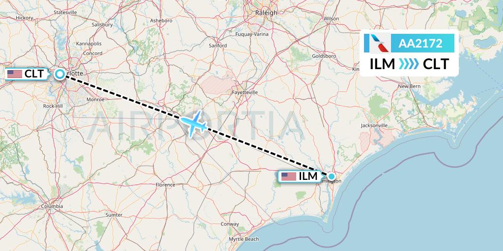 AA2172 American Airlines Flight Map: Wilmington to Charlotte