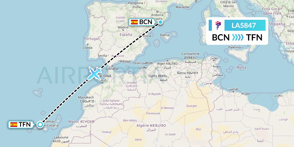 LA5847 LAN Airlines Flight Map: Barcelona to Tenerife