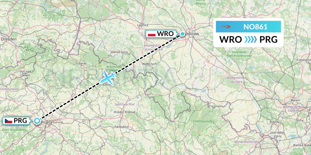 NO861 Neos Flight Map: Wroclaw to Prague