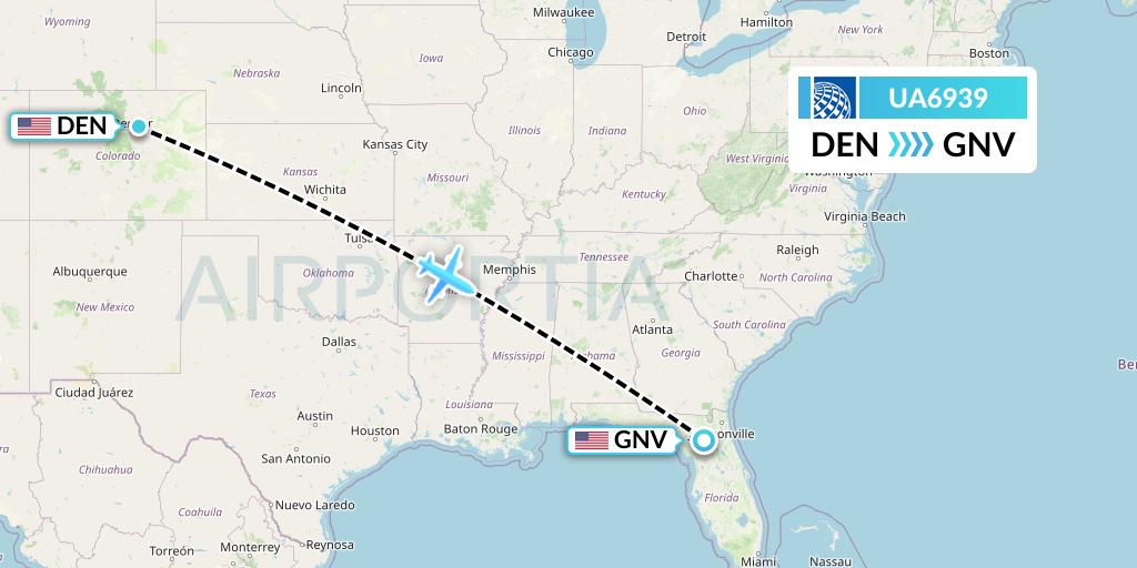 UA6939 United Airlines Flight Map: Denver to Gainesville