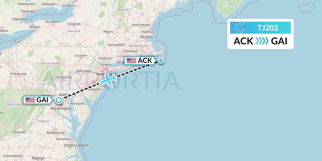 TJ202 Tradewind Aviation Flight Map: Nantucket to Gaithersburg