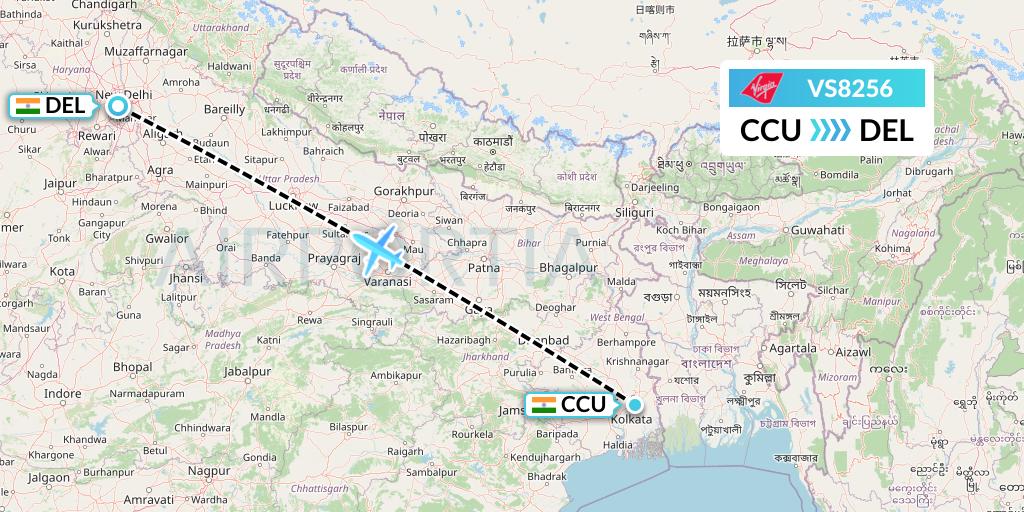 VS8256 Virgin Atlantic Airways Flight Map: Kolkata to Delhi