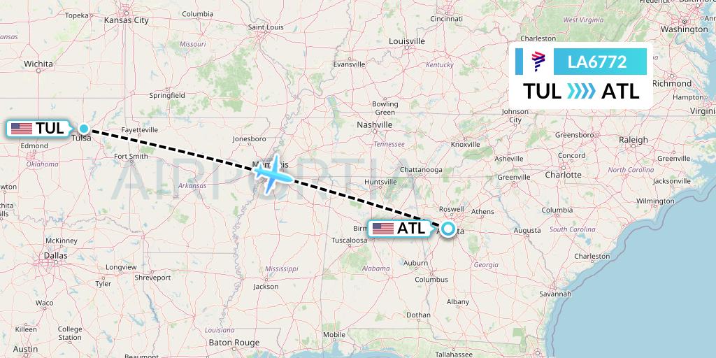 LA6772 LAN Airlines Flight Map: Tulsa to Atlanta