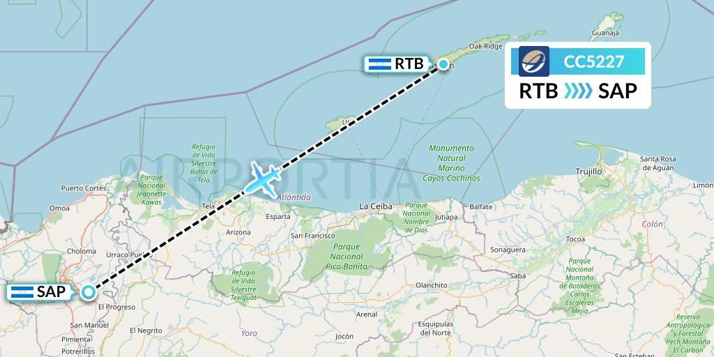 CC5227 CM Airlines Flight Map: Roatan to San Pedro Sula