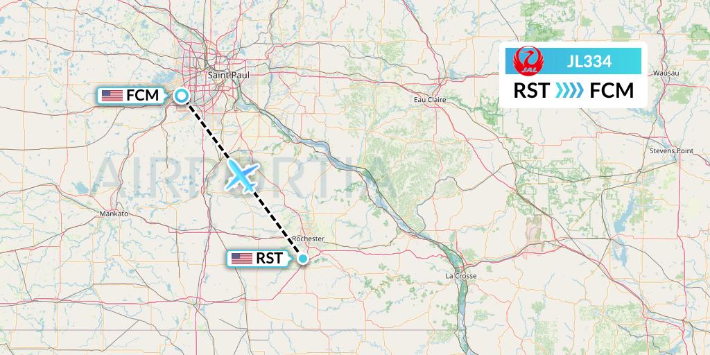 JL334 Japan Airlines Flight Map: Rochester to Minneapolis